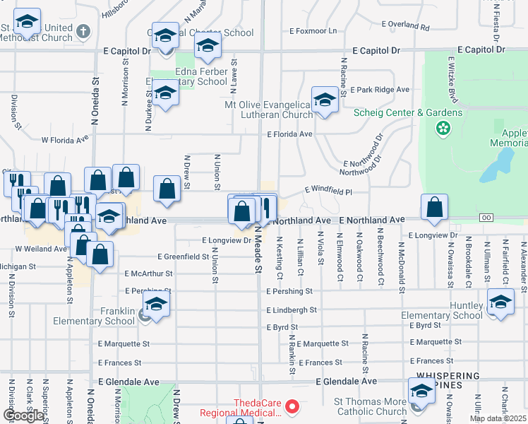 map of restaurants, bars, coffee shops, grocery stores, and more near 800 East Northland Avenue in Appleton