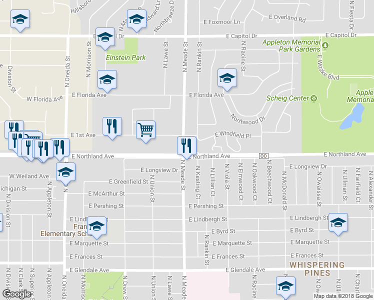 map of restaurants, bars, coffee shops, grocery stores, and more near 800 East Northland Avenue in Appleton