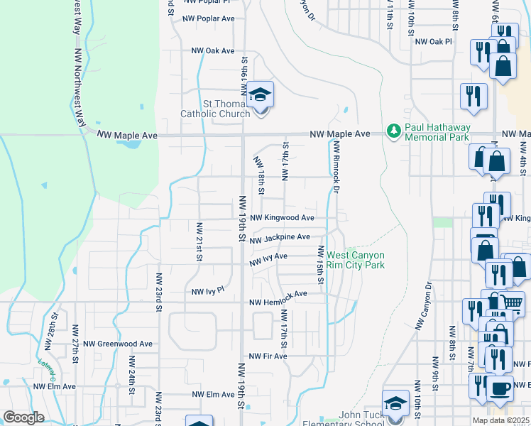 map of restaurants, bars, coffee shops, grocery stores, and more near 1765 Northwest Kingwood Avenue in Redmond