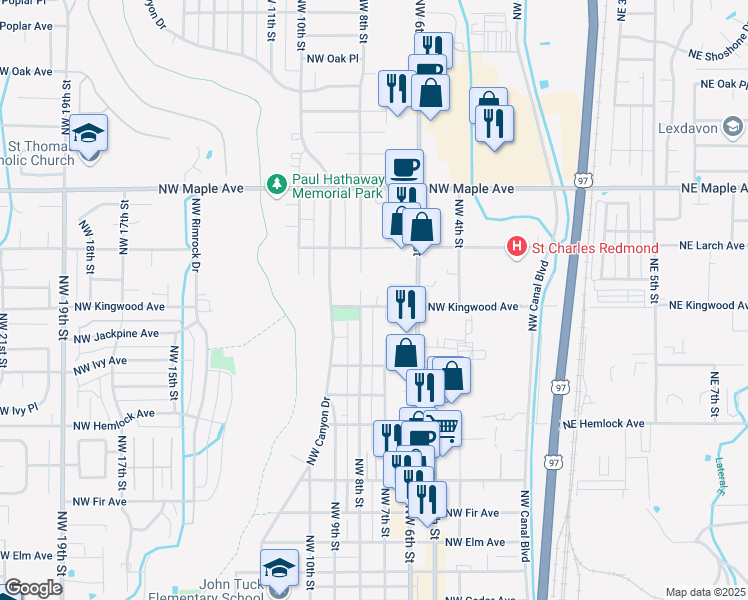 map of restaurants, bars, coffee shops, grocery stores, and more near 725 Northwest Kingwood Avenue in Redmond
