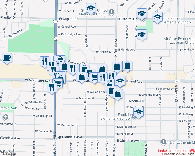 map of restaurants, bars, coffee shops, grocery stores, and more near 234-282 W Northland Ave in Appleton