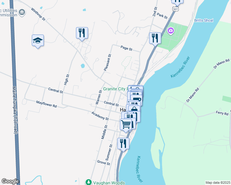 map of restaurants, bars, coffee shops, grocery stores, and more near 10 Spring Street in Hallowell