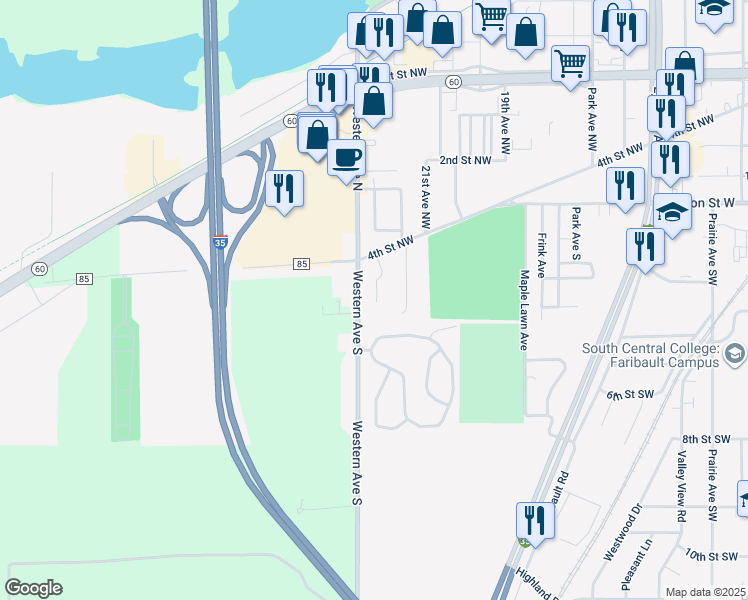 map of restaurants, bars, coffee shops, grocery stores, and more near 234 22nd Avenue Southwest in Faribault