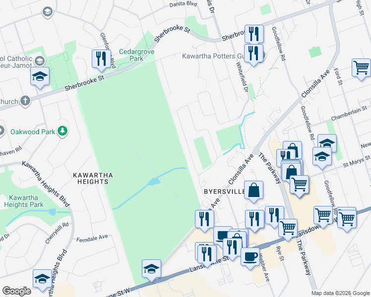 map of restaurants, bars, coffee shops, grocery stores, and more near 955 Golfview Road in Peterborough