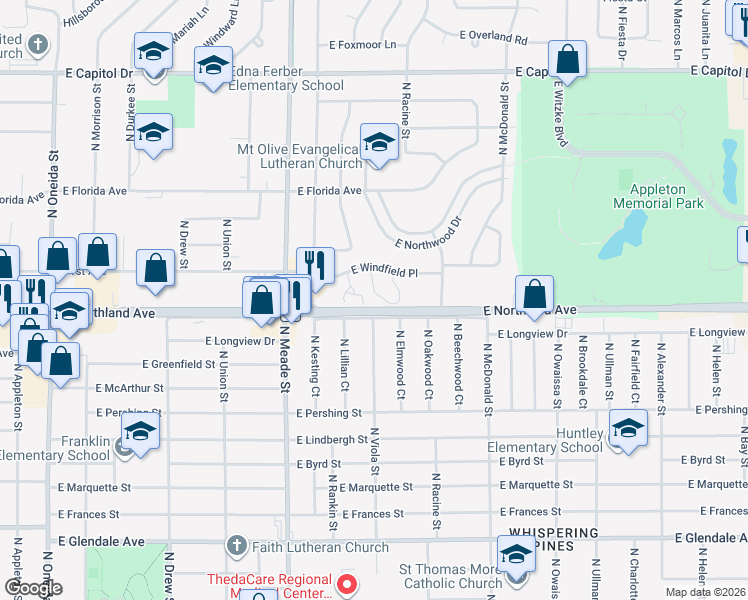 map of restaurants, bars, coffee shops, grocery stores, and more near 909 East Windfield Place in Appleton