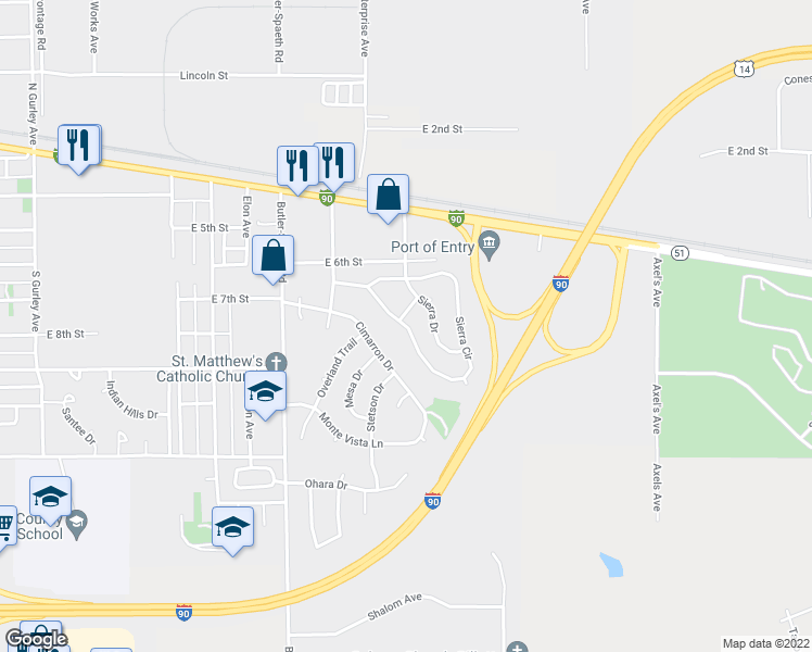 map of restaurants, bars, coffee shops, grocery stores, and more near 320 Sierra Circle in Gillette