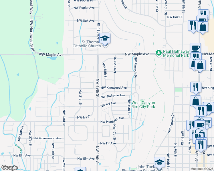 map of restaurants, bars, coffee shops, grocery stores, and more near 1765 Northwest Kingwood Avenue in Redmond