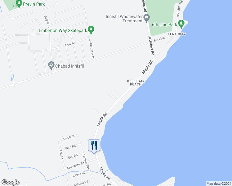 map of restaurants, bars, coffee shops, grocery stores, and more near 1414 Maple Way in Innisfil