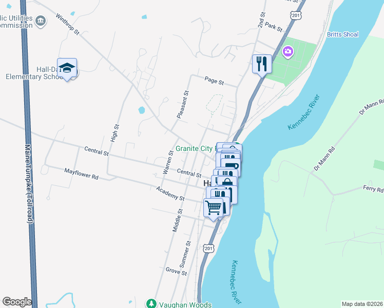 map of restaurants, bars, coffee shops, grocery stores, and more near 10 Spring Street in Hallowell