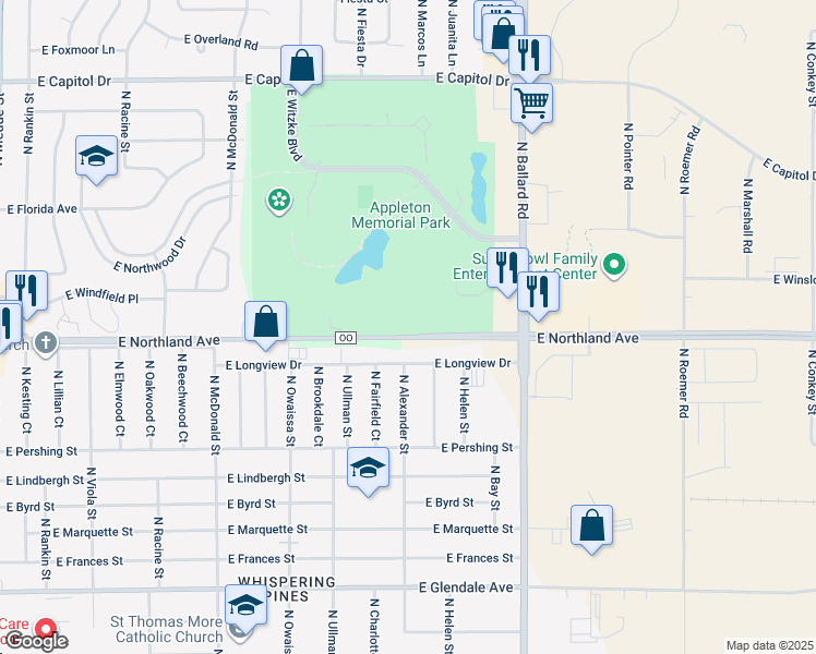 map of restaurants, bars, coffee shops, grocery stores, and more near 1700 East Northland Avenue in Appleton