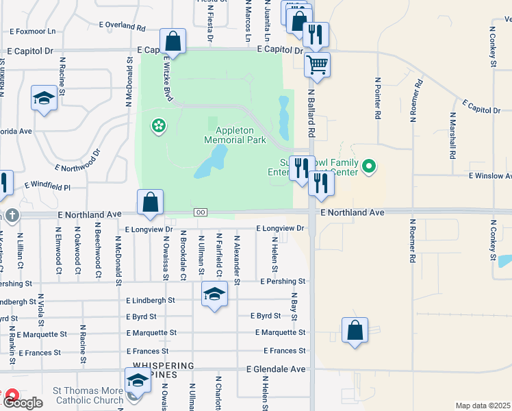 map of restaurants, bars, coffee shops, grocery stores, and more near 1730 East Northland Avenue in Appleton