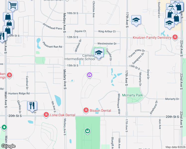 map of restaurants, bars, coffee shops, grocery stores, and more near 1306 Christine Circle in Brookings