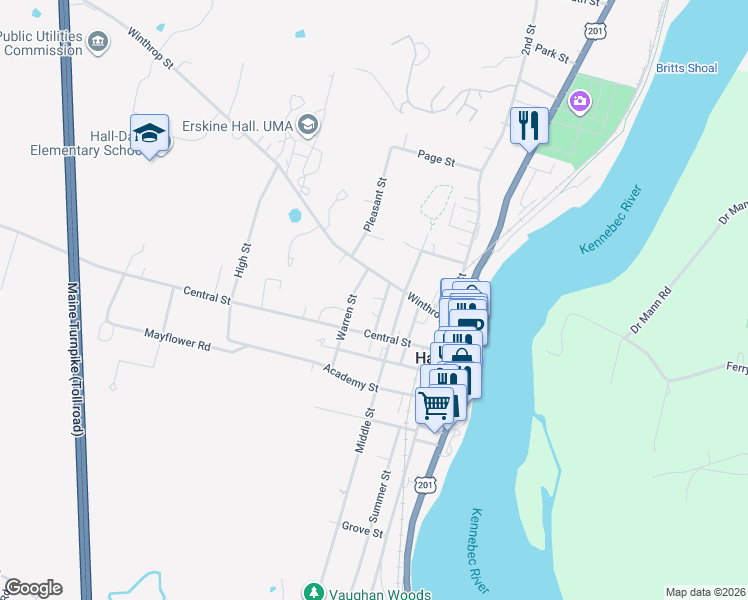 map of restaurants, bars, coffee shops, grocery stores, and more near 10 Spring Street in Hallowell