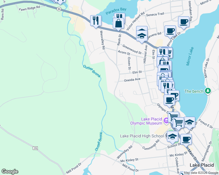 map of restaurants, bars, coffee shops, grocery stores, and more near 255 Wesvalley Road in Lake Placid