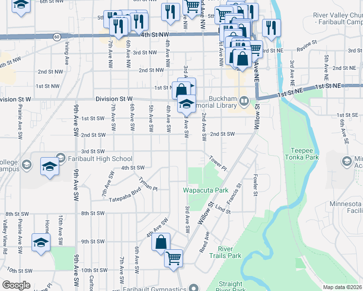 map of restaurants, bars, coffee shops, grocery stores, and more near 227 3rd Avenue Southwest in Faribault