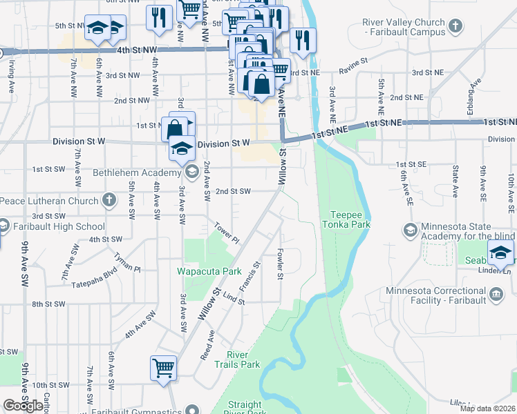 map of restaurants, bars, coffee shops, grocery stores, and more near 308 Willow Street in Faribault