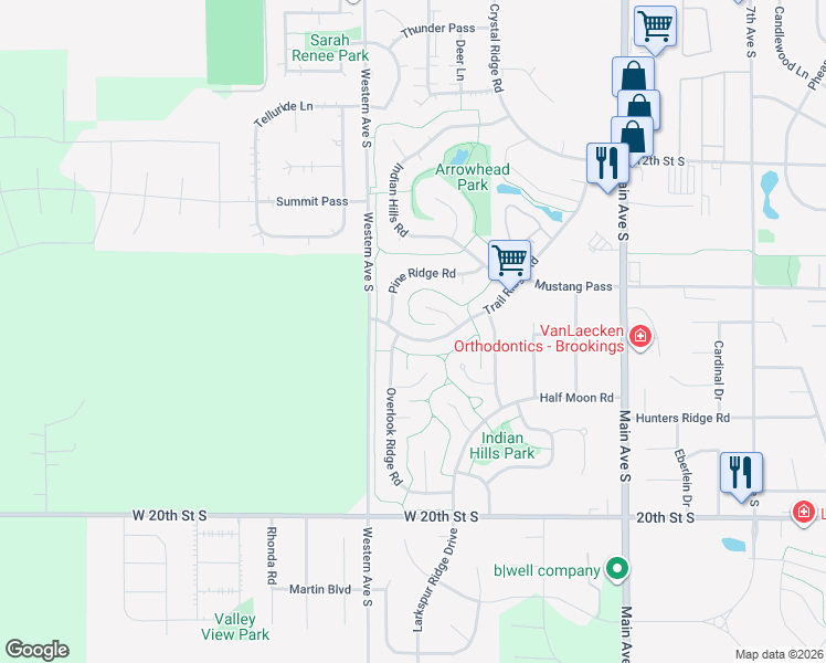 map of restaurants, bars, coffee shops, grocery stores, and more near 141-143 Trail Ridge Road in Brookings