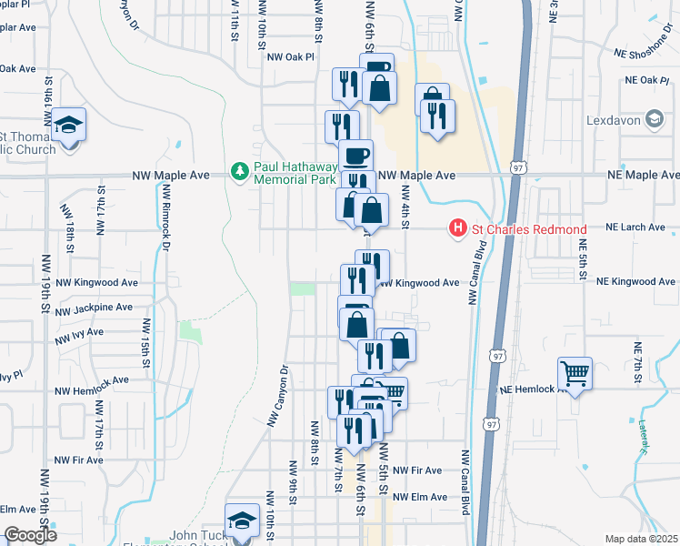 map of restaurants, bars, coffee shops, grocery stores, and more near 639 Northwest Kingwood Avenue in Redmond