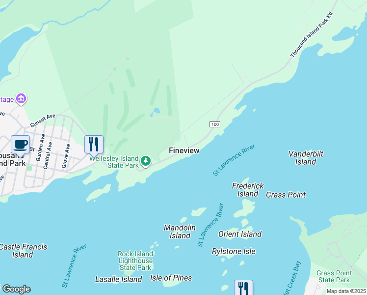 map of restaurants, bars, coffee shops, grocery stores, and more near 42825 County Road 100 in Fineview
