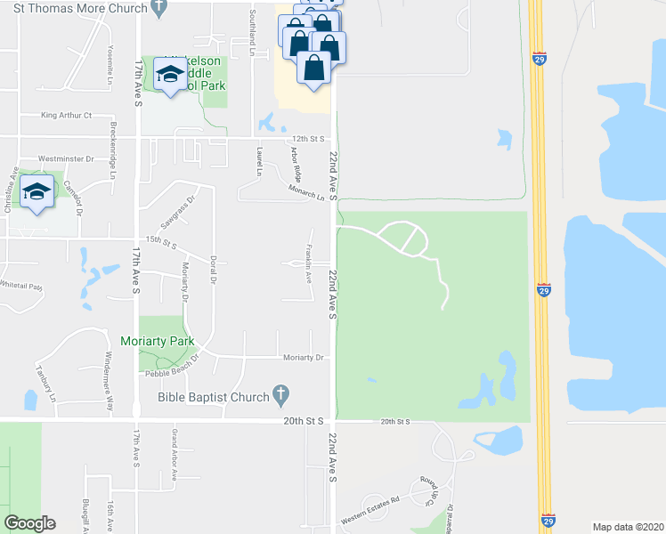 map of restaurants, bars, coffee shops, grocery stores, and more near 1501 22nd Avenue South in Brookings