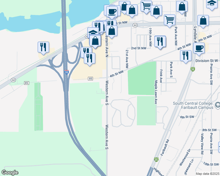 map of restaurants, bars, coffee shops, grocery stores, and more near 2275 4th Street Northwest in Faribault