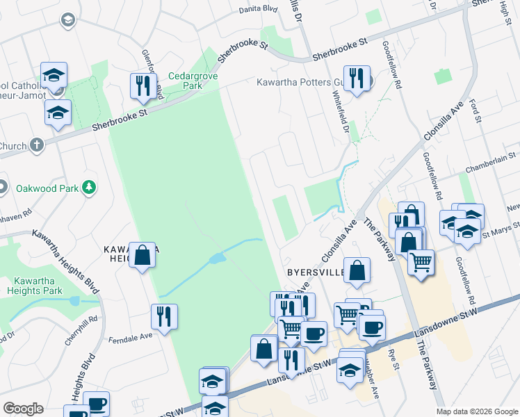 map of restaurants, bars, coffee shops, grocery stores, and more near 955 Golfview Road in Peterborough