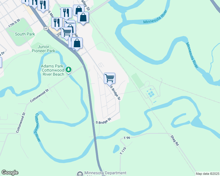 map of restaurants, bars, coffee shops, grocery stores, and more near 2528 South Bridge Street in New Ulm