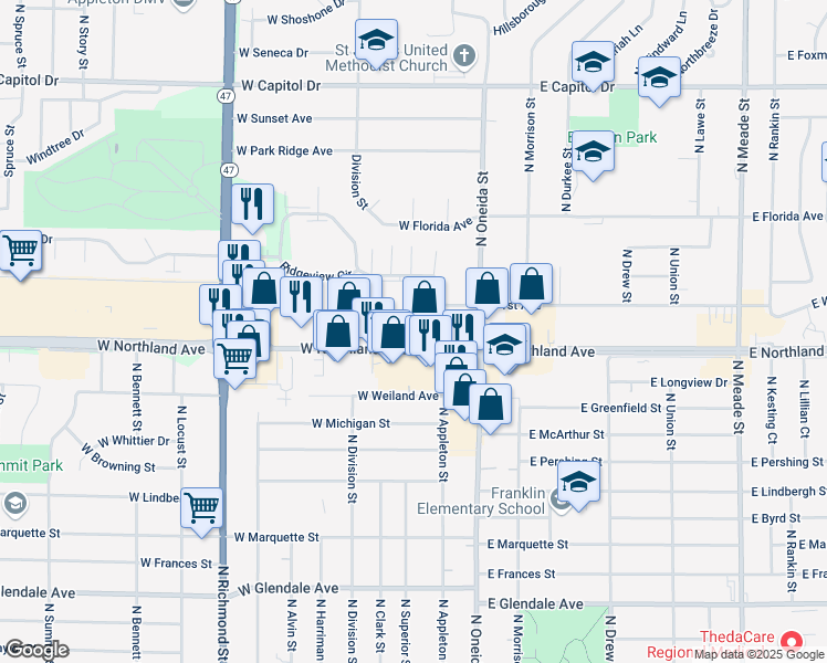 map of restaurants, bars, coffee shops, grocery stores, and more near 234-282 W Northland Ave in Appleton