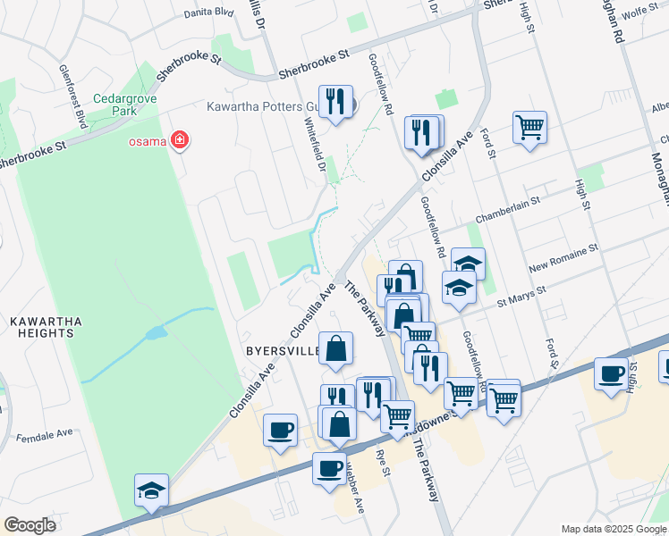 map of restaurants, bars, coffee shops, grocery stores, and more near 943 Clonsilla Avenue in Peterborough