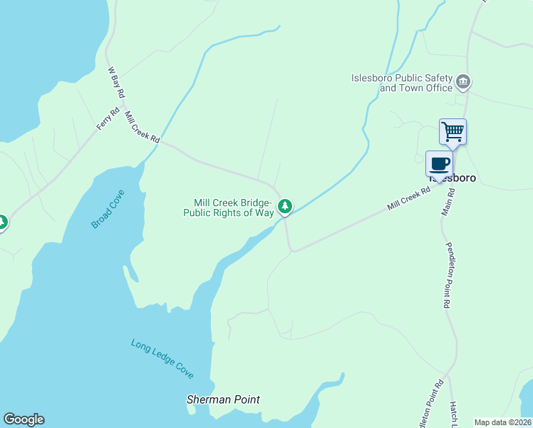 map of restaurants, bars, coffee shops, grocery stores, and more near 232 Mill Creek Road in Islesboro