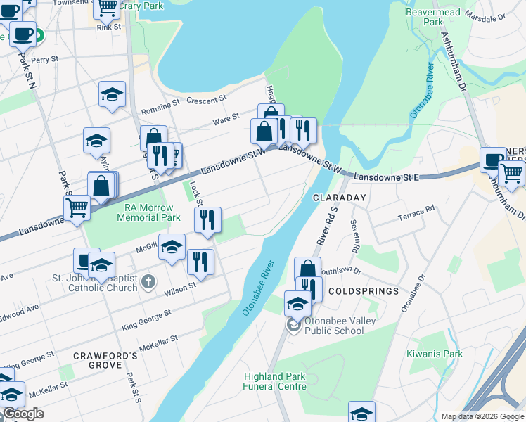 map of restaurants, bars, coffee shops, grocery stores, and more near 35 Lockside Drive in Peterborough