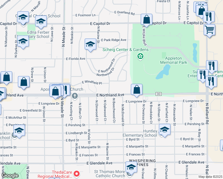 map of restaurants, bars, coffee shops, grocery stores, and more near 2800 North Park Drive Lane in Appleton