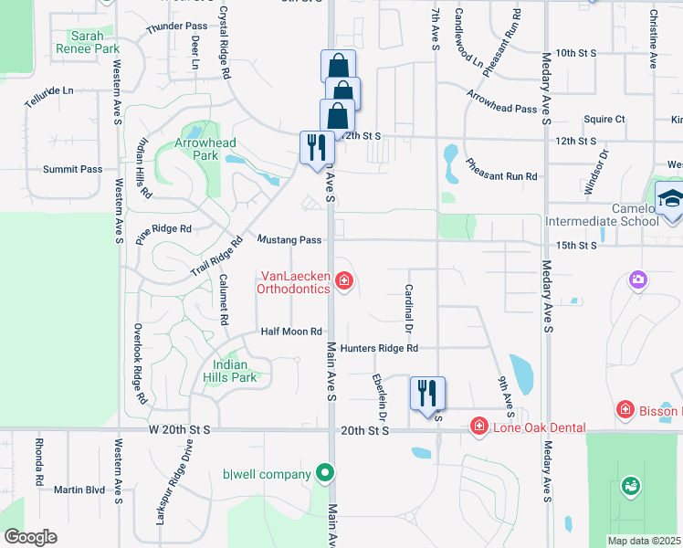 map of restaurants, bars, coffee shops, grocery stores, and more near 1501-1733 Main Ave S in Brookings