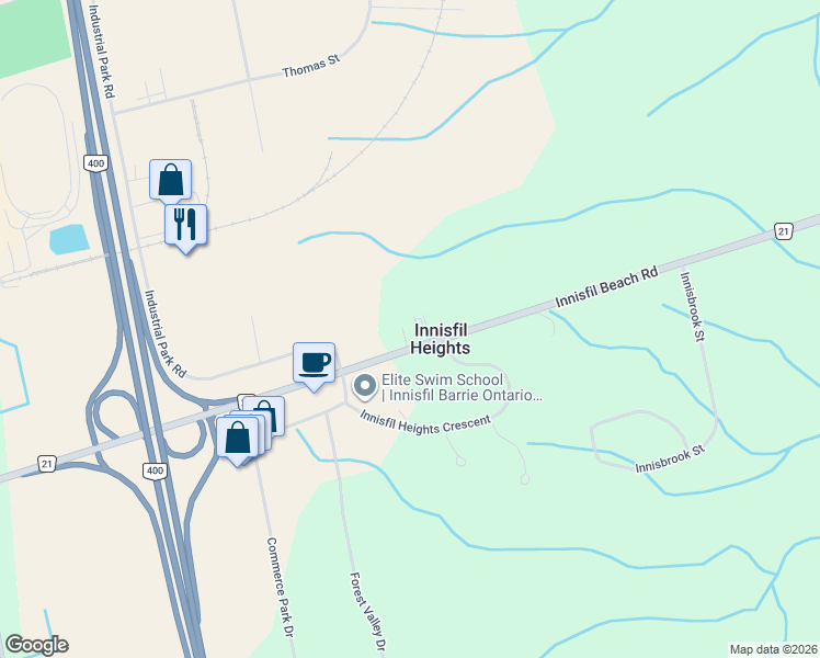 map of restaurants, bars, coffee shops, grocery stores, and more near 3296 Innisfil Beach Road in Innisfil