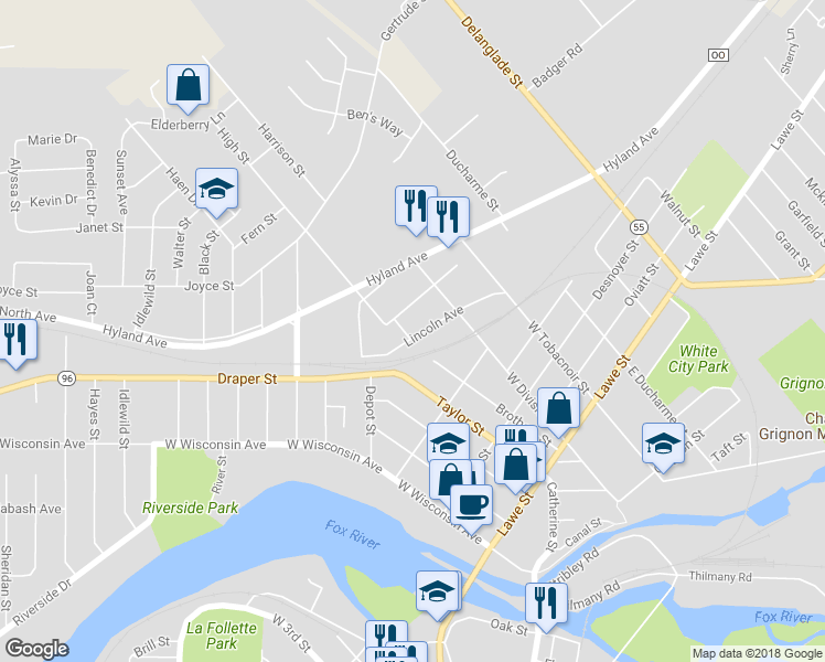 map of restaurants, bars, coffee shops, grocery stores, and more near 605 Lincoln Avenue in Kaukauna