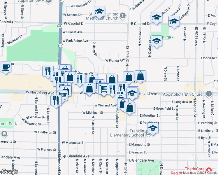 map of restaurants, bars, coffee shops, grocery stores, and more near 234 West Northland Avenue in Appleton