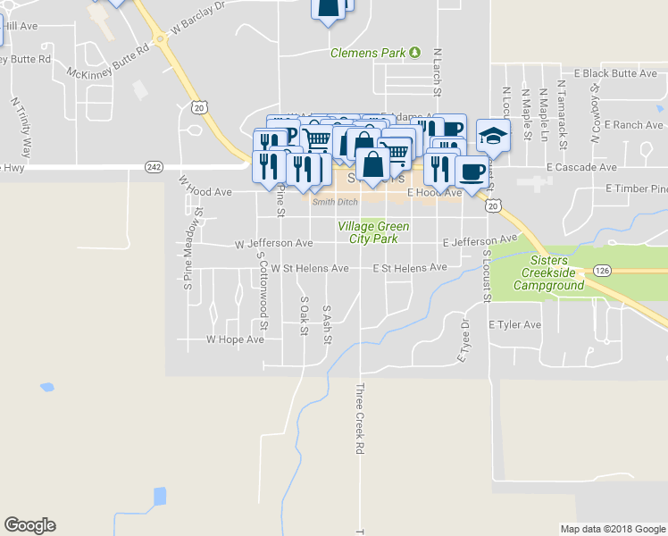 map of restaurants, bars, coffee shops, grocery stores, and more near 320 West Saint Helens Avenue in Sisters