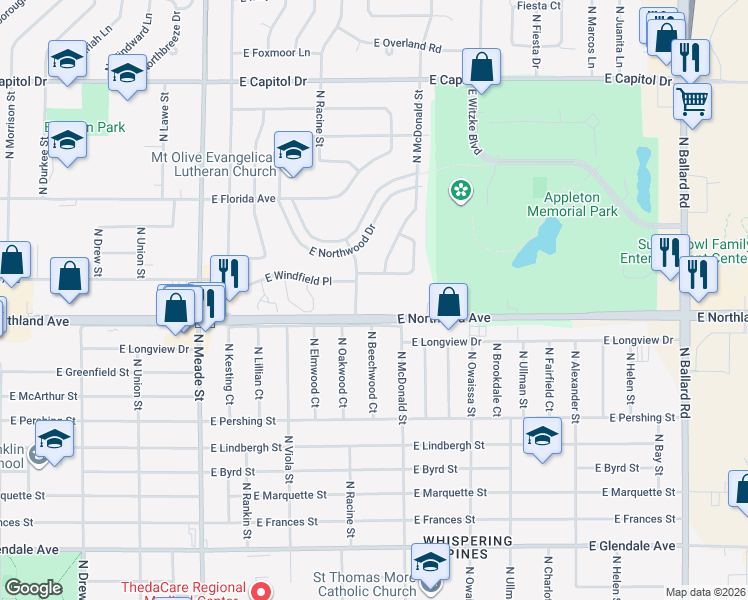 map of restaurants, bars, coffee shops, grocery stores, and more near 2850 North Park Drive Lane in Appleton
