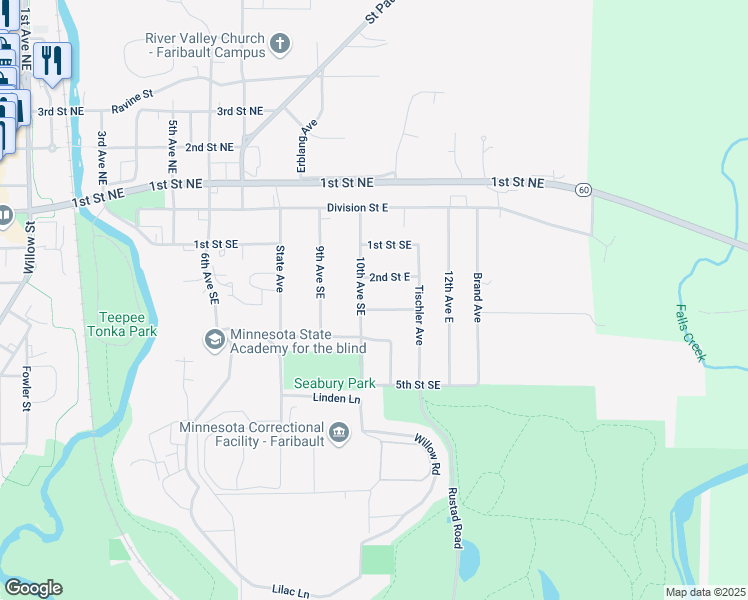 map of restaurants, bars, coffee shops, grocery stores, and more near 1007 3rd Street Southeast in Faribault