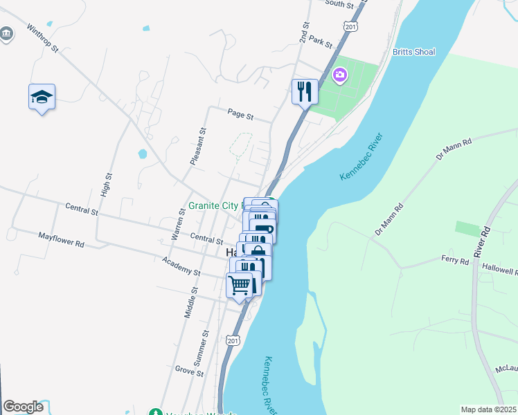 map of restaurants, bars, coffee shops, grocery stores, and more near 94 2nd Street in Hallowell