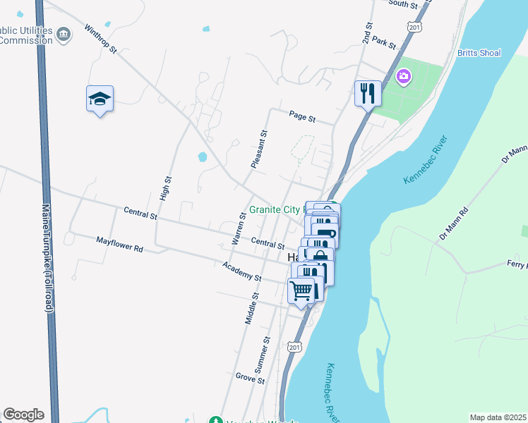 map of restaurants, bars, coffee shops, grocery stores, and more near 10 Spring Street in Hallowell
