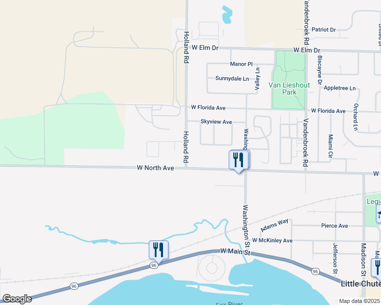 map of restaurants, bars, coffee shops, grocery stores, and more near 1180 West North Avenue in Appleton