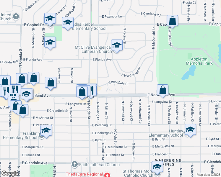 map of restaurants, bars, coffee shops, grocery stores, and more near 909 East Windfield Place in Appleton