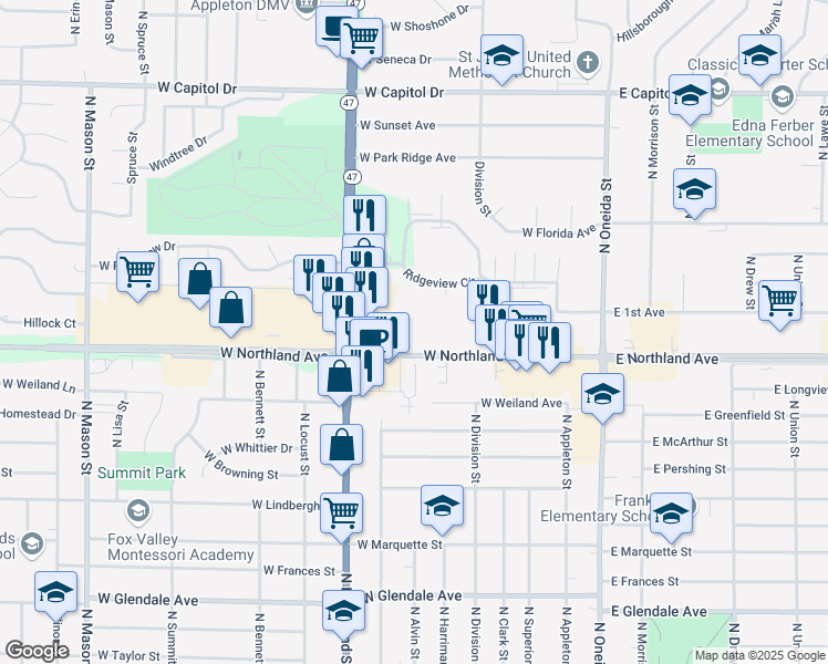map of restaurants, bars, coffee shops, grocery stores, and more near 284-672 County Road Oo in Appleton