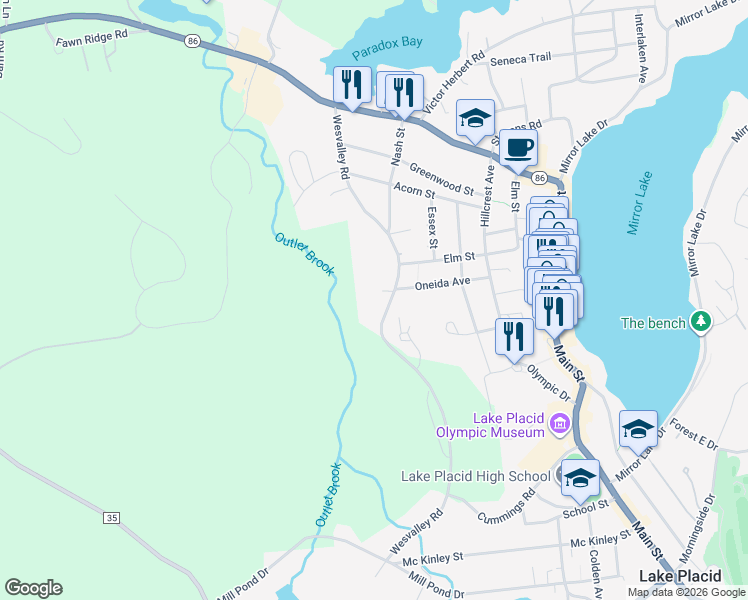 map of restaurants, bars, coffee shops, grocery stores, and more near 255 Wesvalley Road in Lake Placid