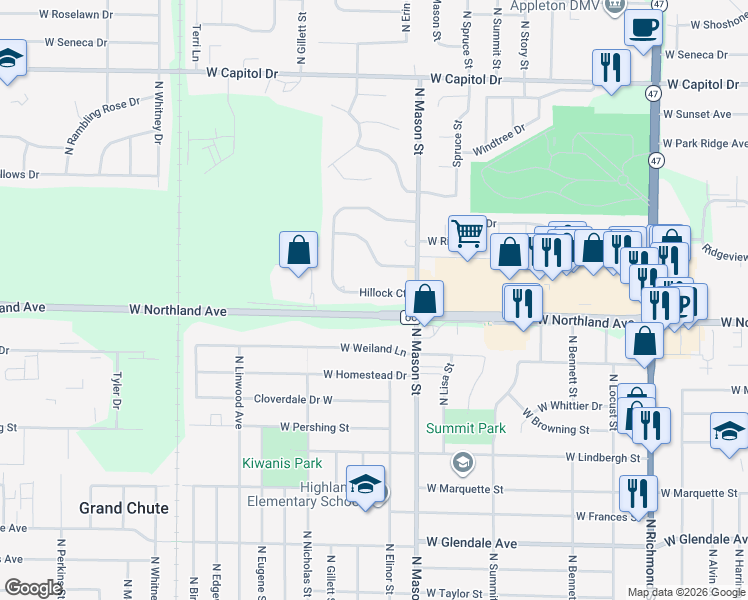 map of restaurants, bars, coffee shops, grocery stores, and more near 29 Hillock Court in Appleton