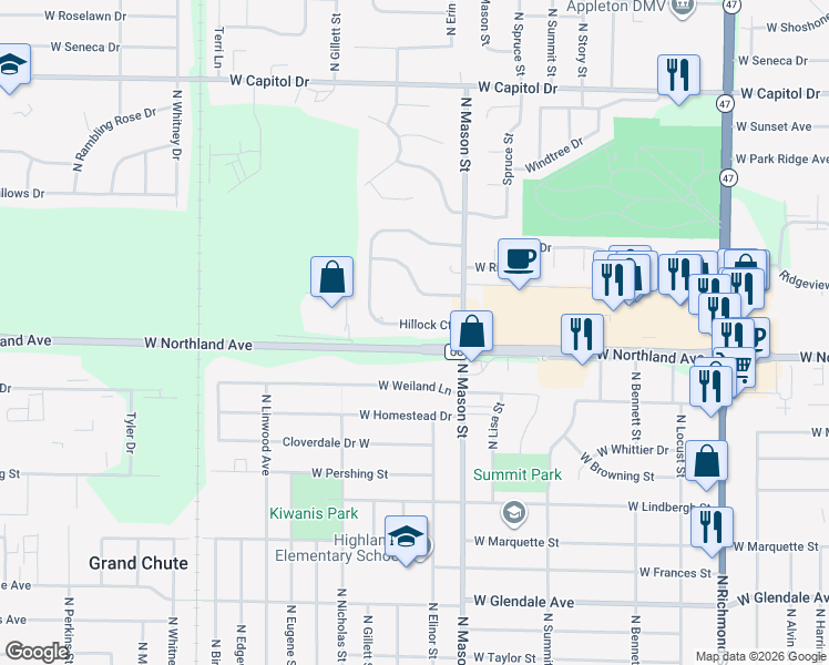 map of restaurants, bars, coffee shops, grocery stores, and more near 29 Hillock Court in Appleton