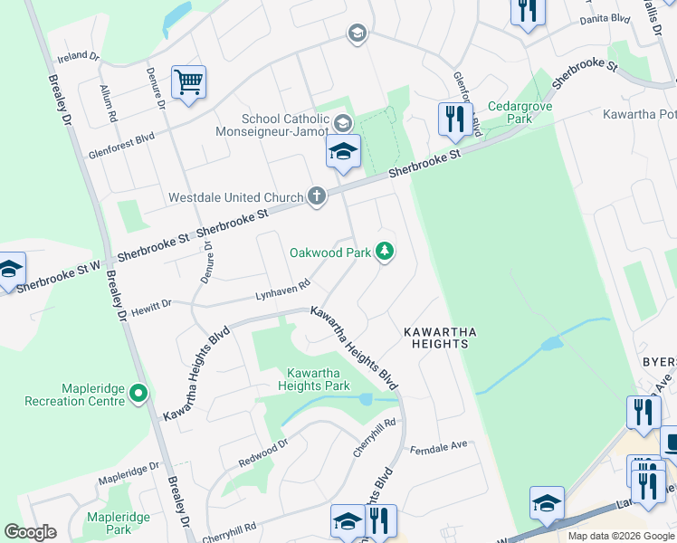 map of restaurants, bars, coffee shops, grocery stores, and more near 2225 Woodglade Boulevard in Peterborough