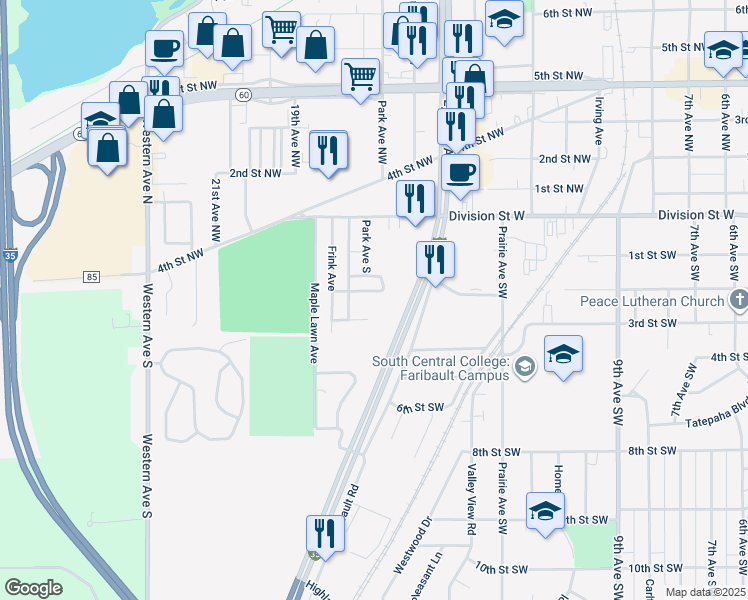 map of restaurants, bars, coffee shops, grocery stores, and more near 107 Park Avenue Southwest in Faribault