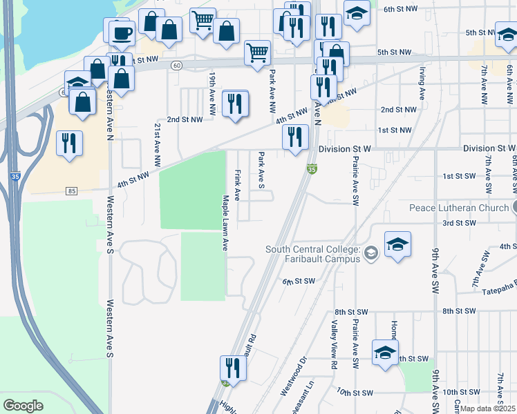 map of restaurants, bars, coffee shops, grocery stores, and more near 1728 3rd Street Southwest in Faribault